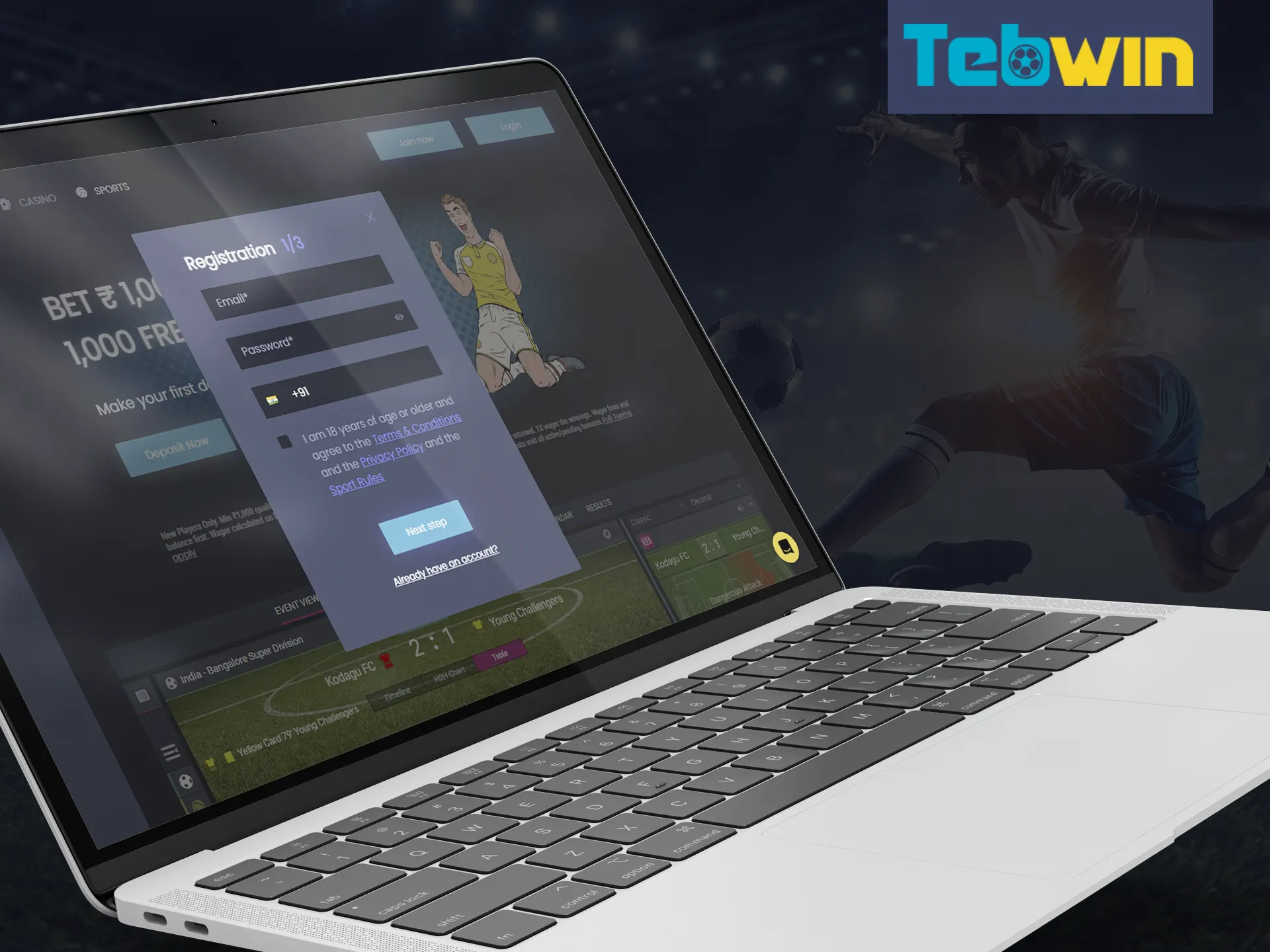 Go through the registration process at the Tebwin online casino site.