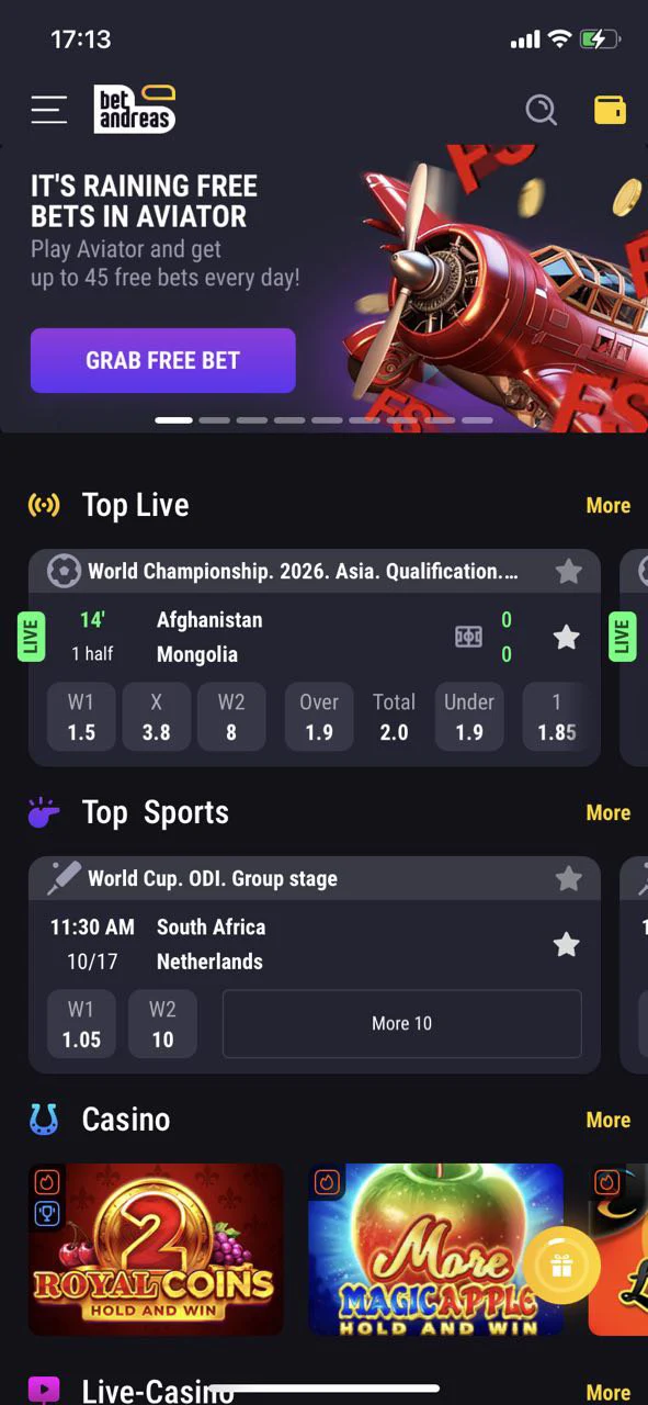 With the BetAndreas app, bet on sports and play in casinos.
