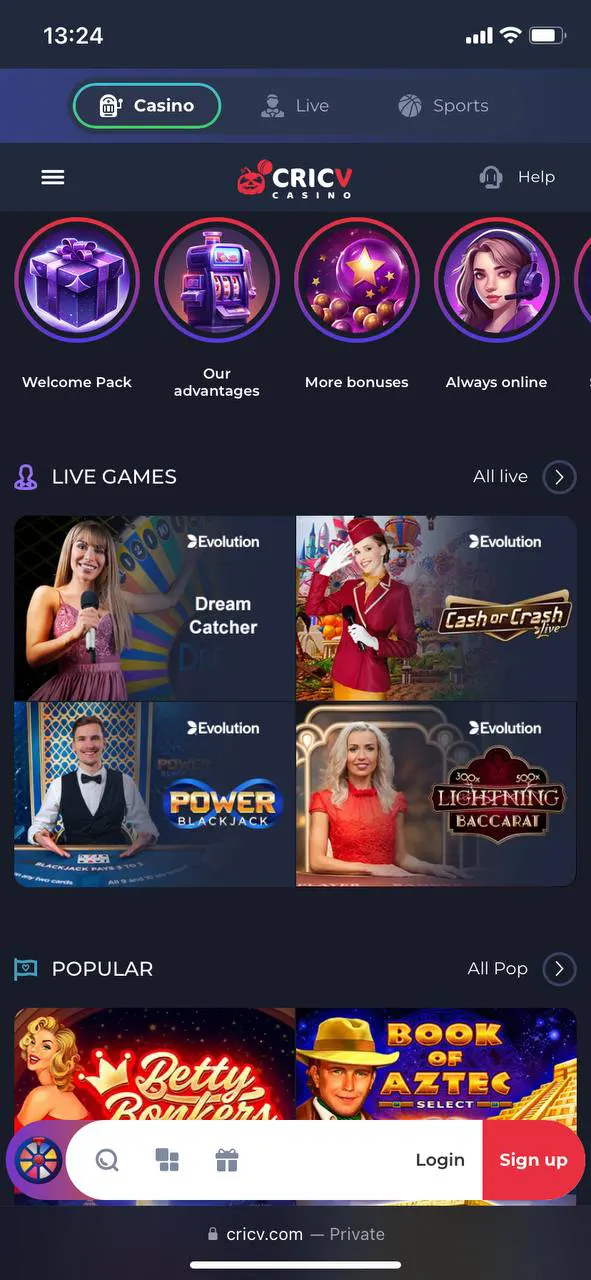 Play casino games on the Cricv app.