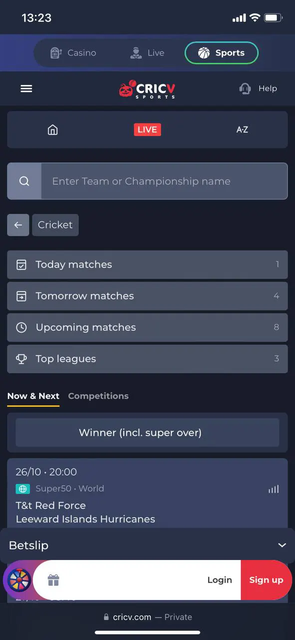 Bet on cricket in the Cricv app.