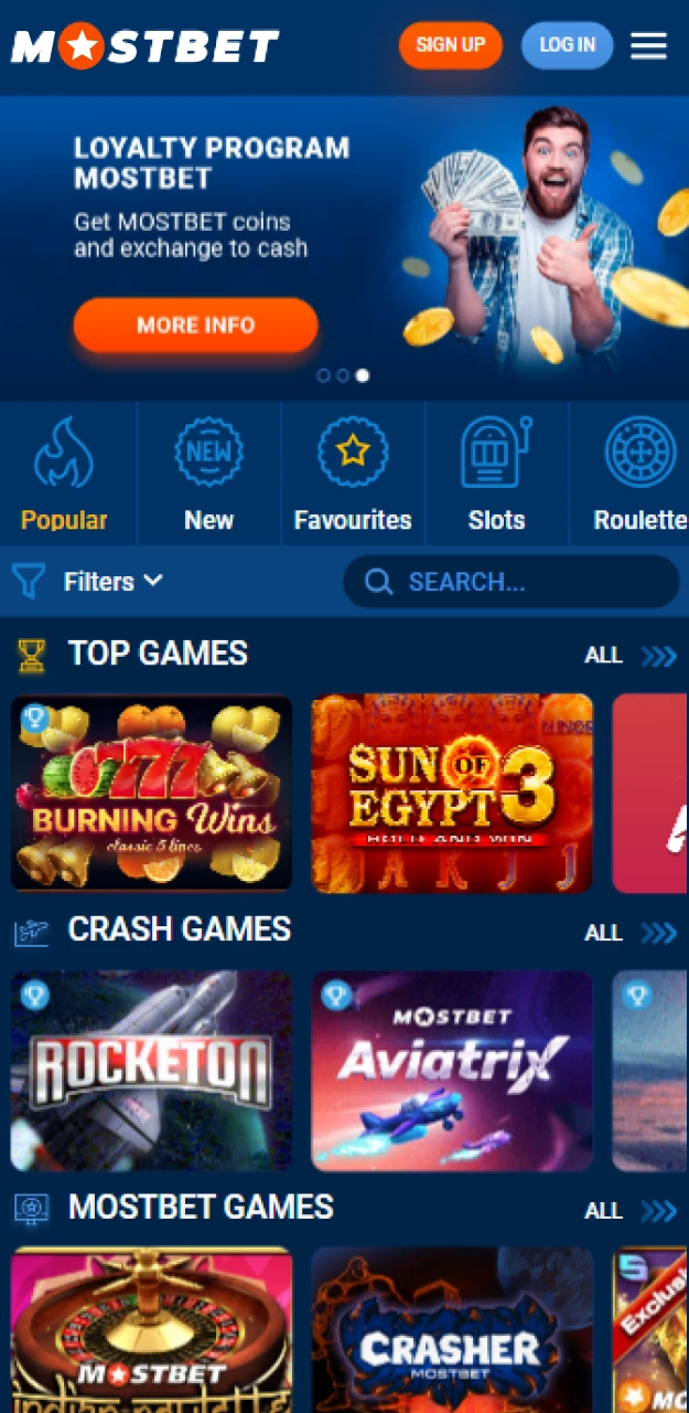 Casino Section in Mostbet App.