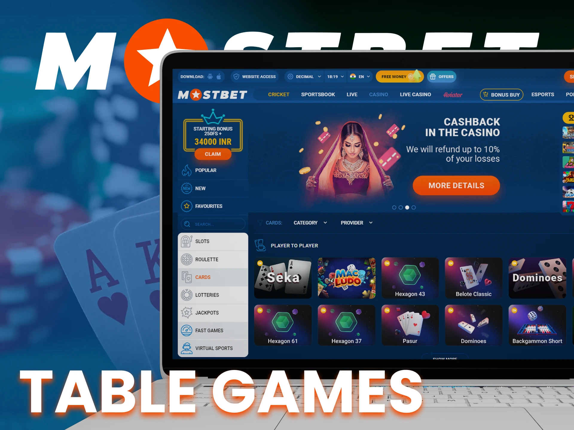 At Mostbet, play table games at the casino.