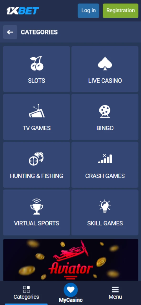 Casino section in 1xbet mobile app.
