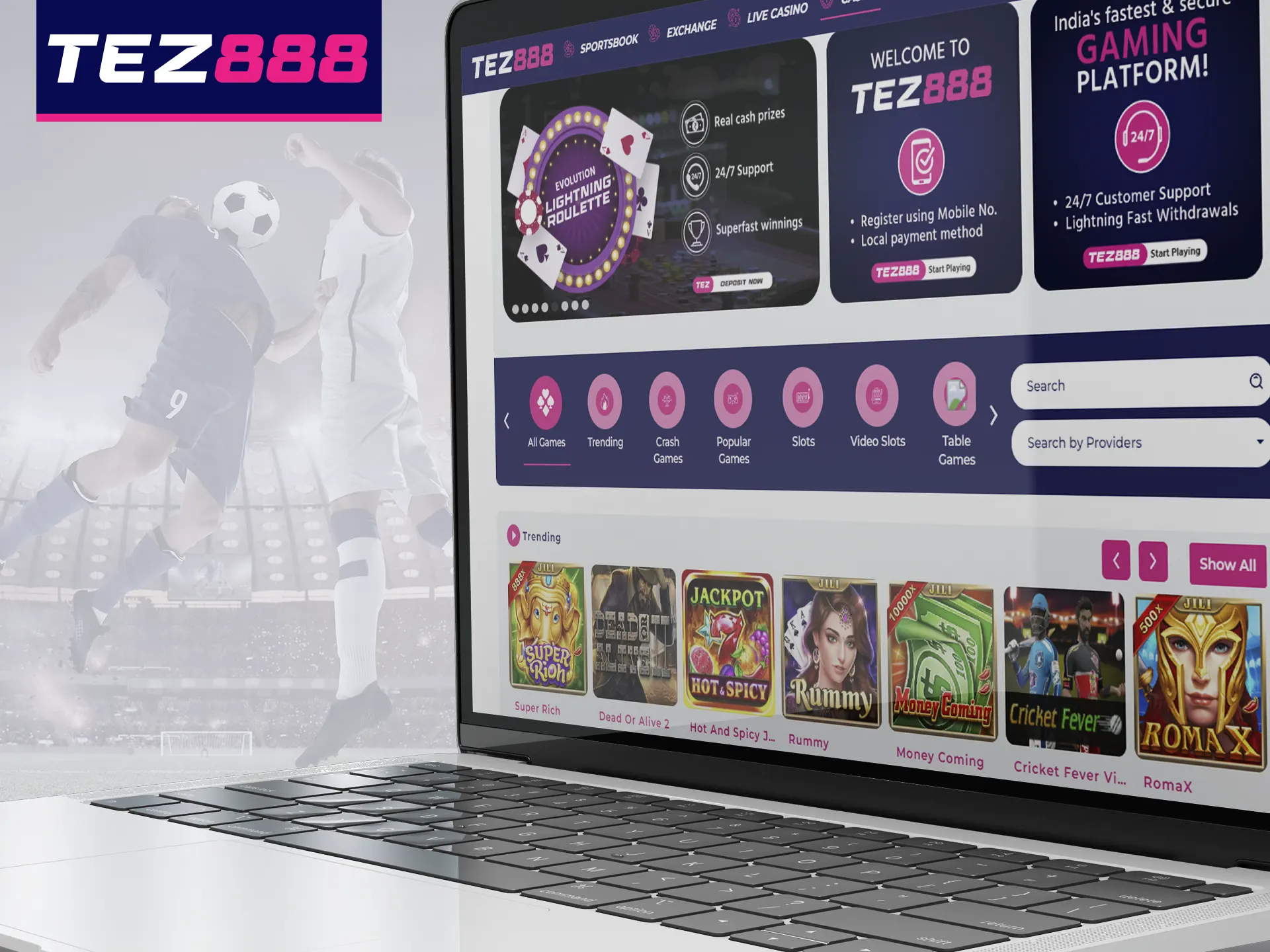 The Tez888 website has a user-friendly interface and colourful design.