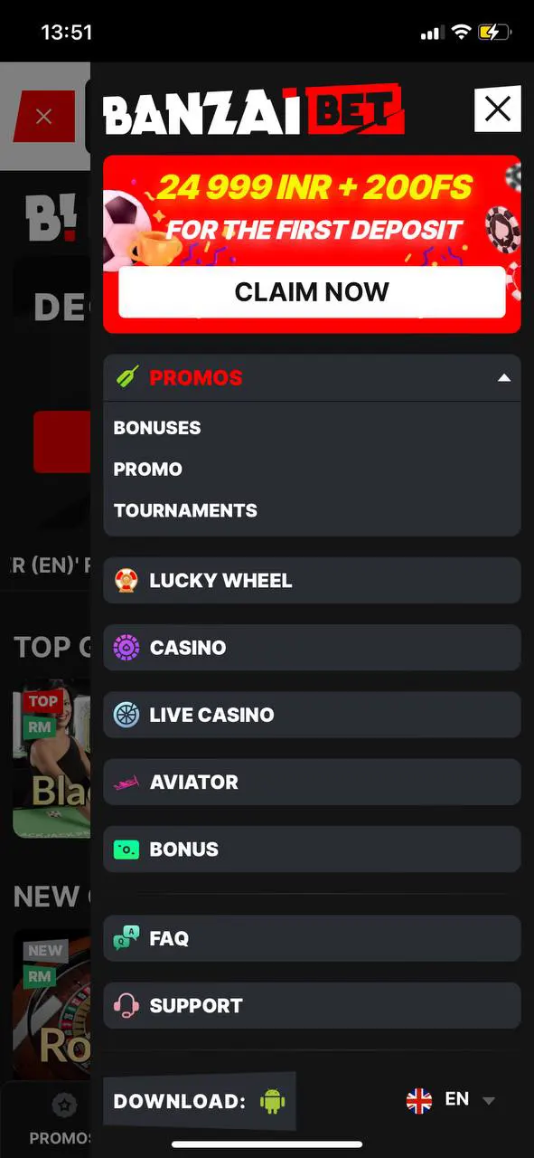 With the Banzai Bet app, bet on sports and play in casinos.