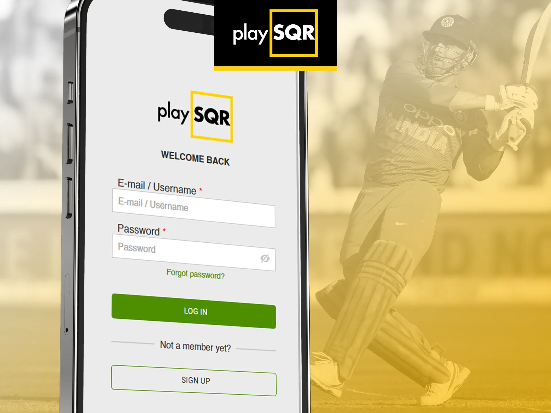 Enter your password and email address to log in to your PlaySQR app account.
