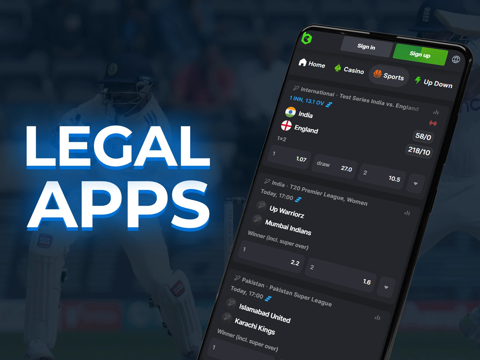 Download legal cricket betting apps in India for free.